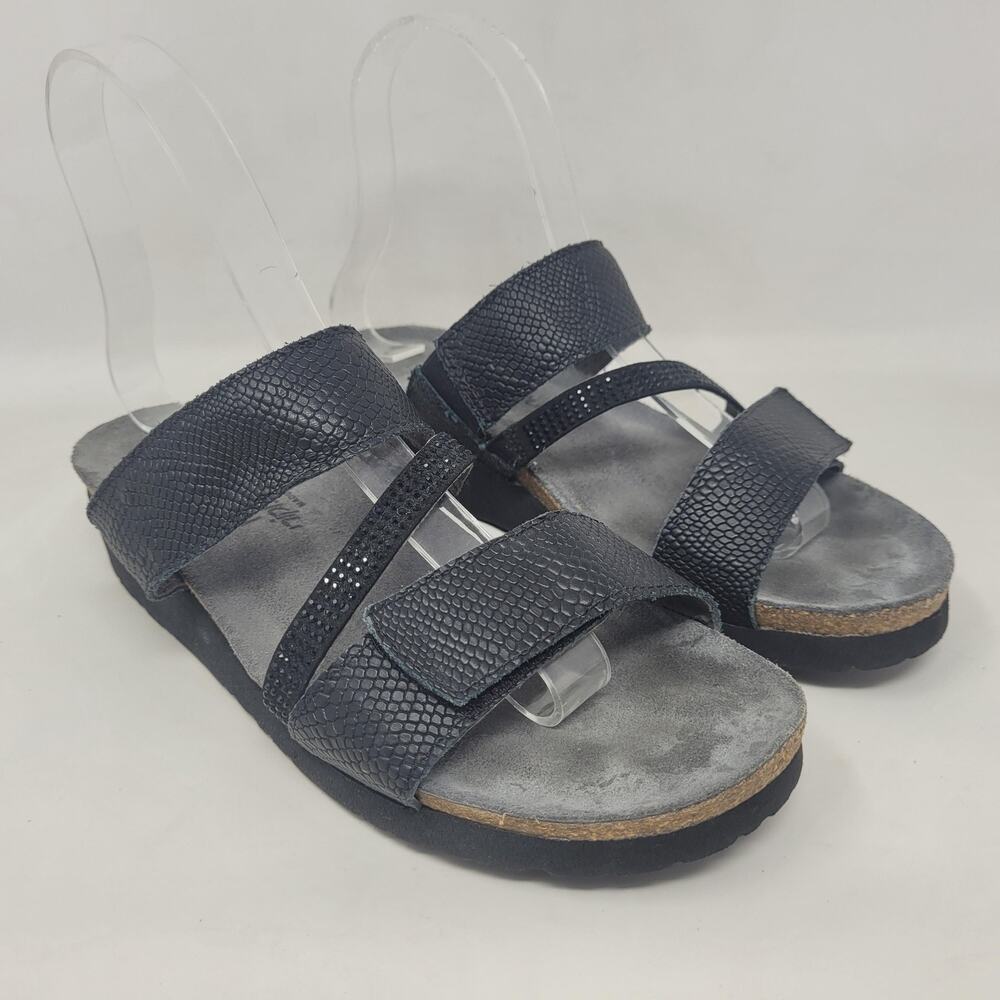 Naot Sandals EU38 US7 Black Leather Snakeskin Wedge Slides Slip On Sheryl